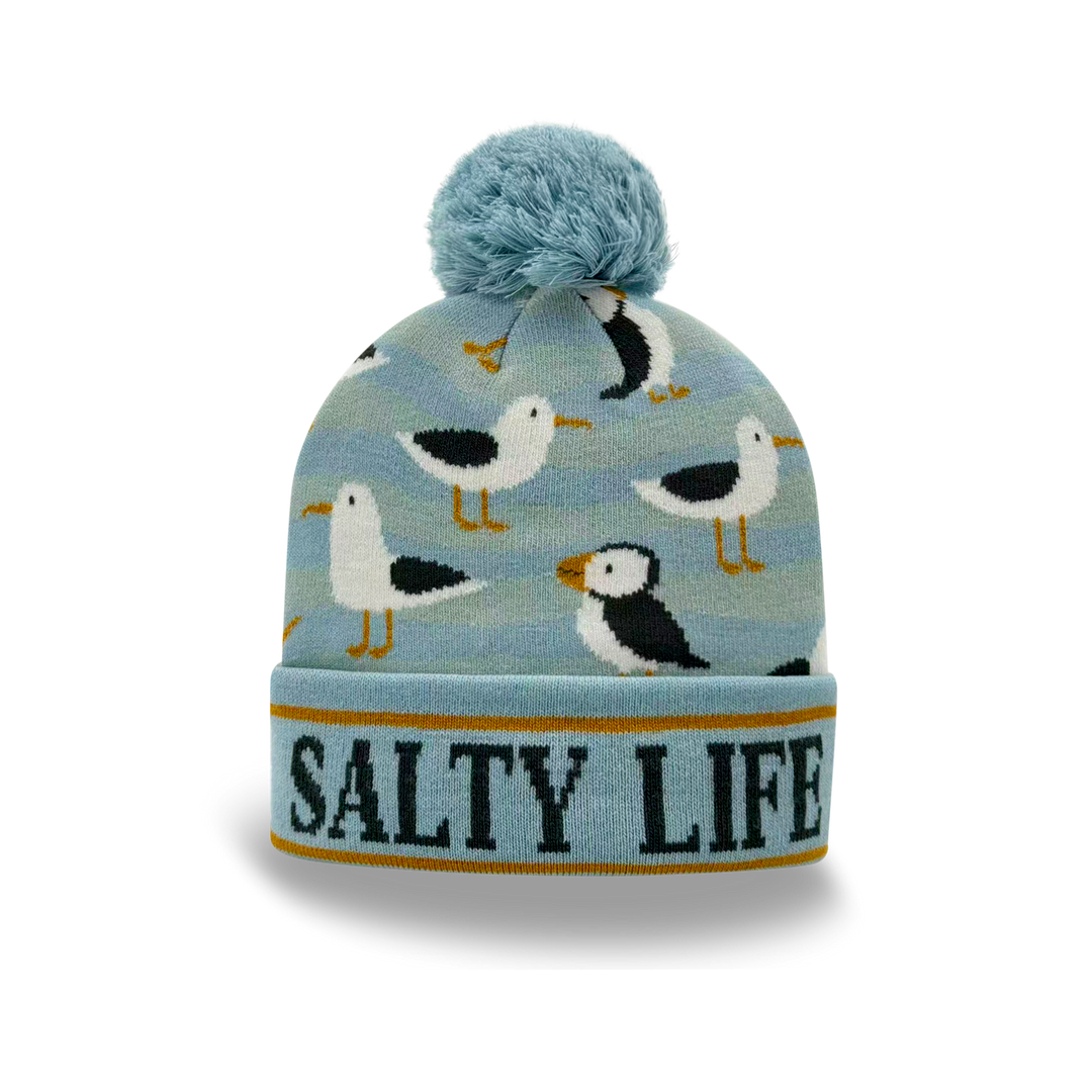 Salty Life Puffin & Seagull Knit Pom Pom Beanie – Coastal Ocean Winter Hat