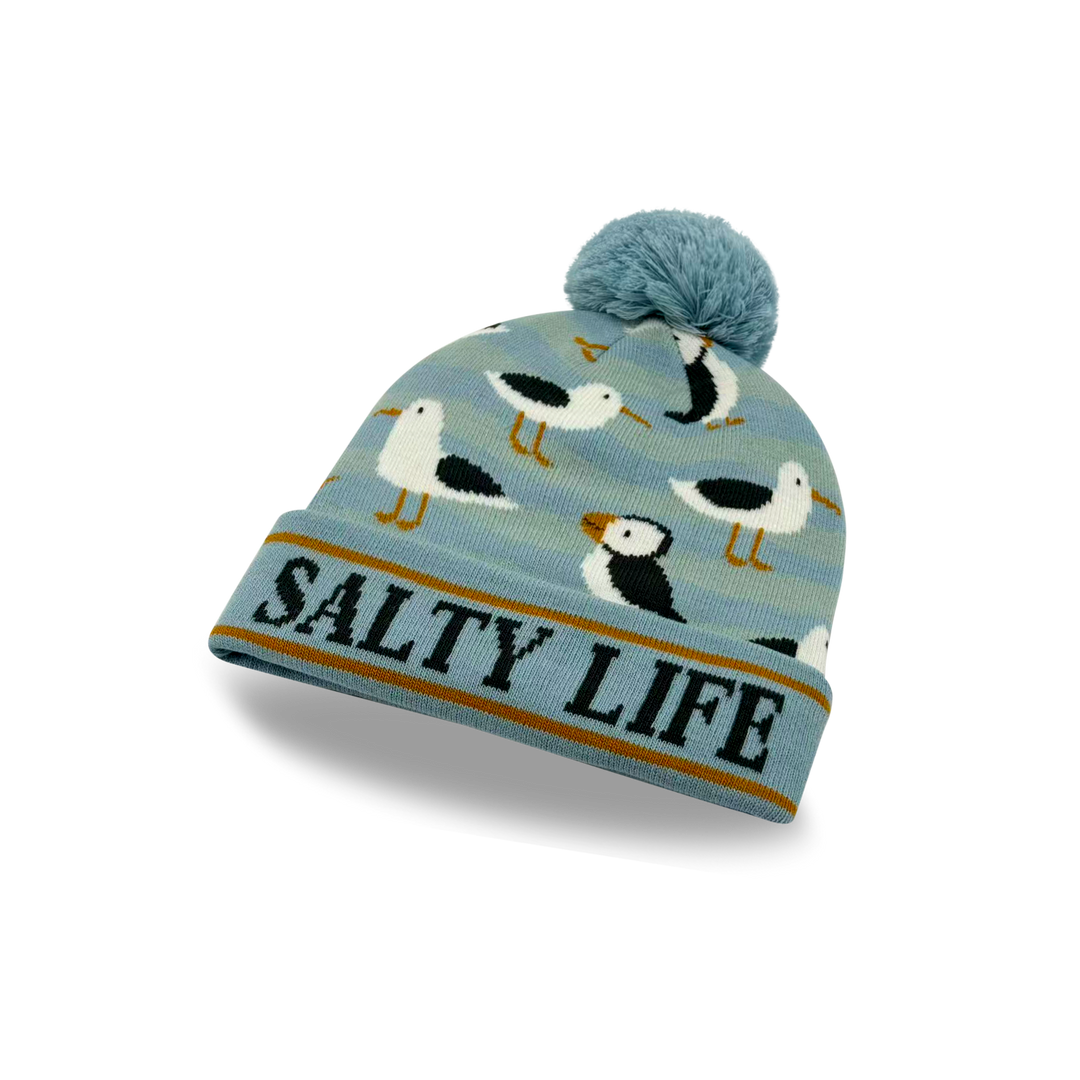 Salty Life Puffin & Seagull Knit Pom Pom Beanie – Coastal Ocean Winter Hat