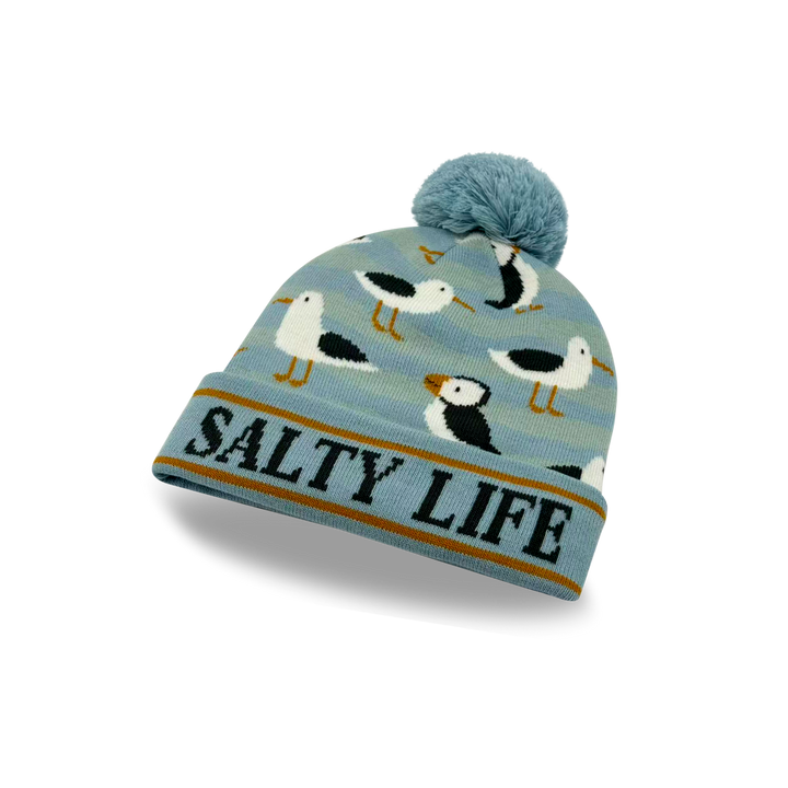 Salty Life Puffin & Seagull Knit Pom Pom Beanie – Coastal Ocean Winter Hat