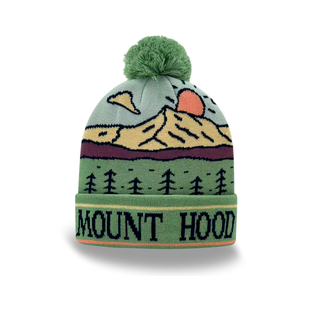 Mount Hood Sunset Knit Pom Pom Beanie – Oregon Mountain Winter Hat