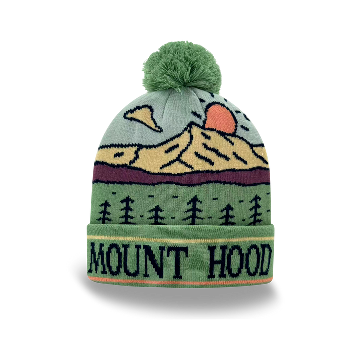 Mount Hood Sunset Knit Pom Pom Beanie – Oregon Mountain Winter Hat