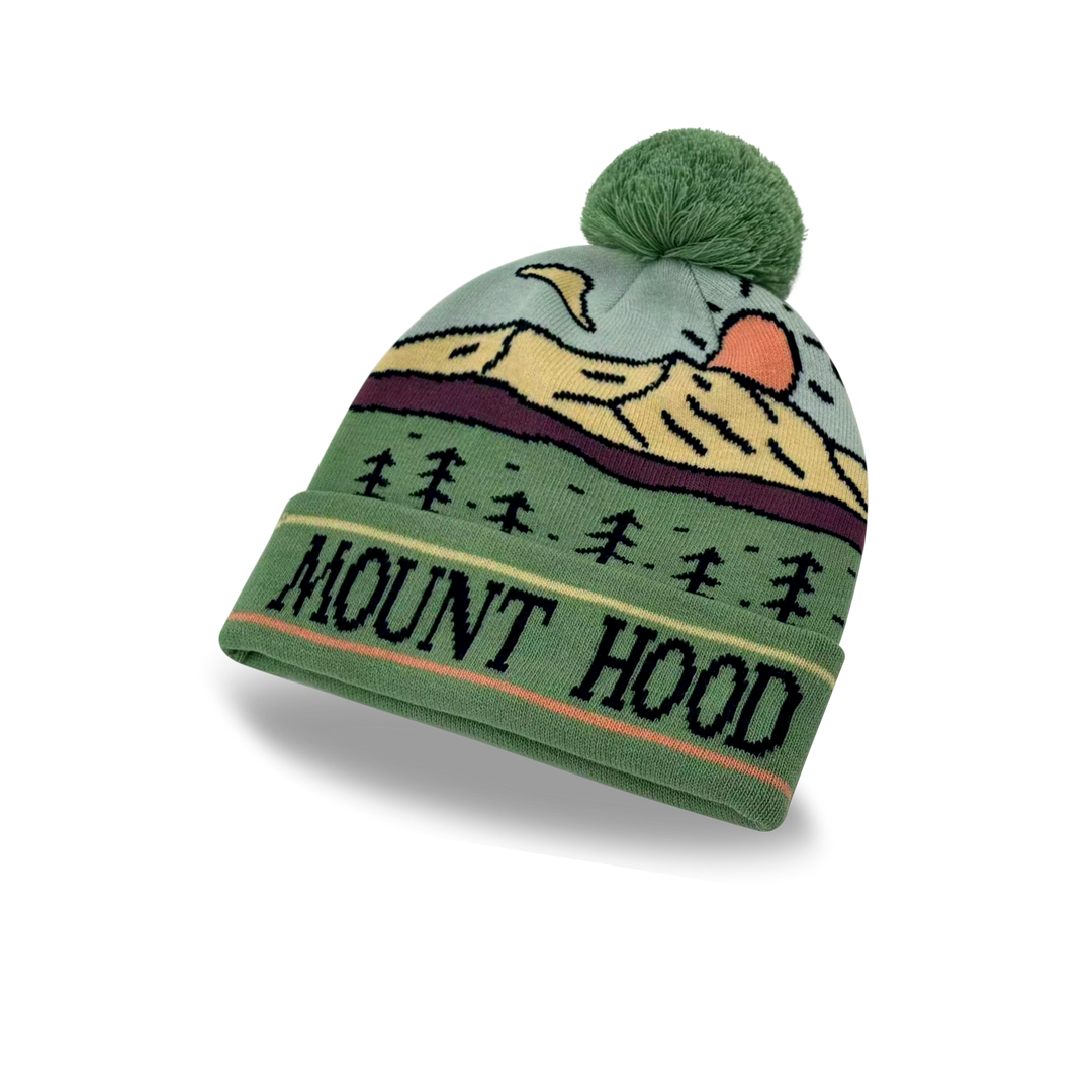 Mount Hood Sunset Knit Pom Pom Beanie – Oregon Mountain Winter Hat