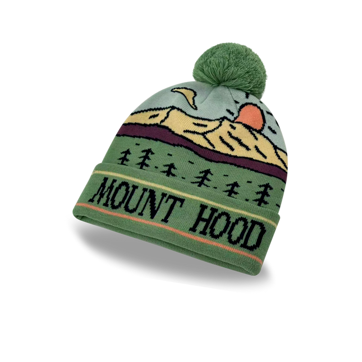 Mount Hood Sunset Knit Pom Pom Beanie – Oregon Mountain Winter Hat