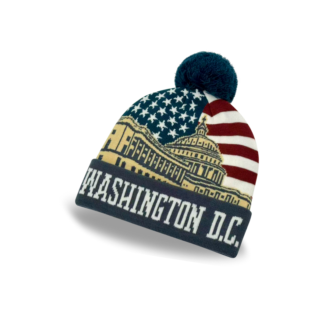 Washington D.C. Capitol American Flag Knit Pom Pom Beanie – USA Winter Hat