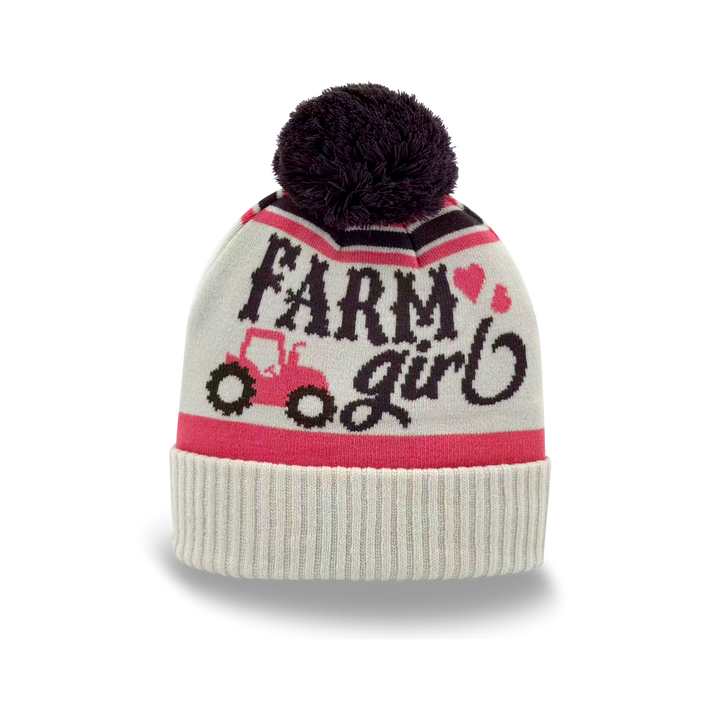 Farm Girl Tractor Knit Pom Pom Beanie – Country Style Winter Hat