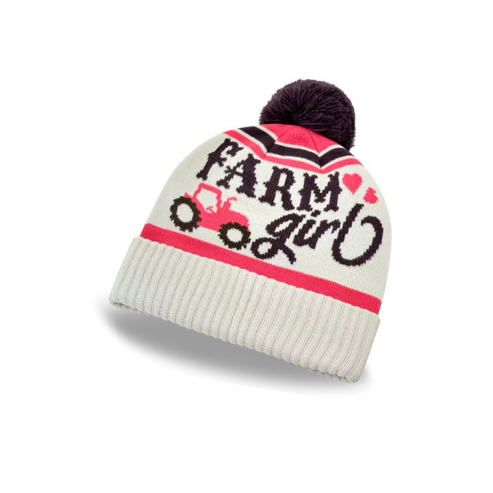 Farm Girl Tractor Knit Pom Pom Beanie – Country Style Winter Hat