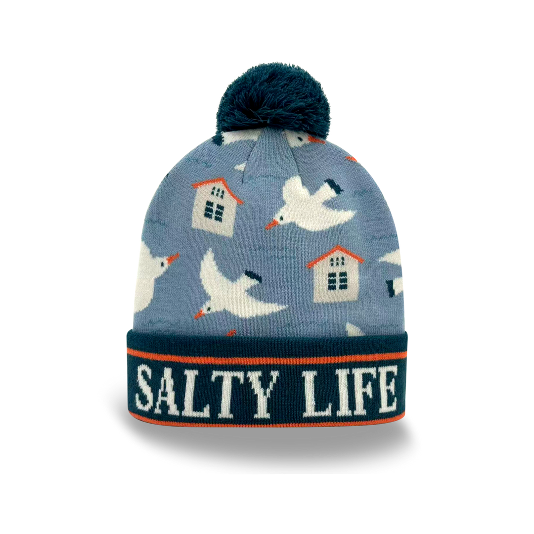 Salty Life Seagull & Beach House Knit Pom Pom Beanie – Coastal Winter Hat