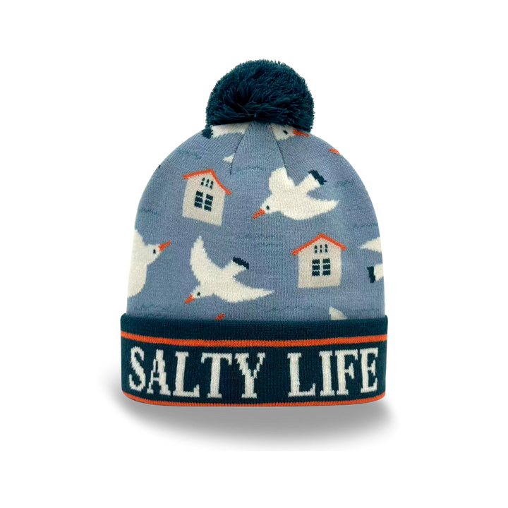 Salty Life Seagull & Beach House Knit Pom Pom Beanie – Coastal Winter Hat