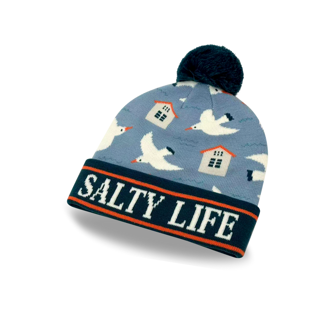 Salty Life Seagull & Beach House Knit Pom Pom Beanie – Coastal Winter Hat