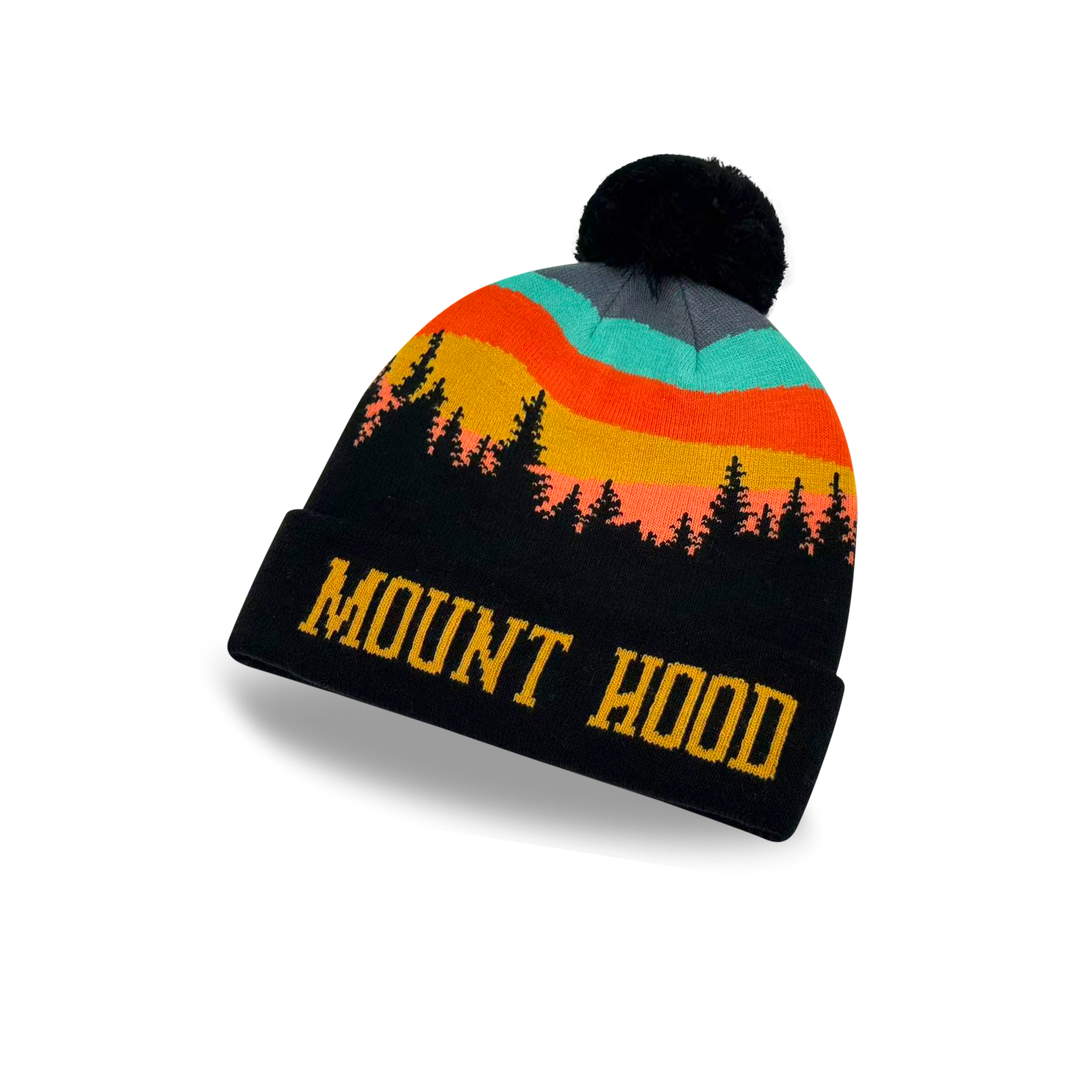Mount Hood Sunset Forest Knit Pom Pom Beanie – Oregon Mountain Winter Hat