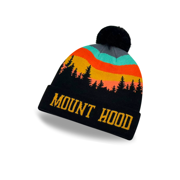 Mount Hood Sunset Forest Knit Pom Pom Beanie – Oregon Mountain Winter Hat