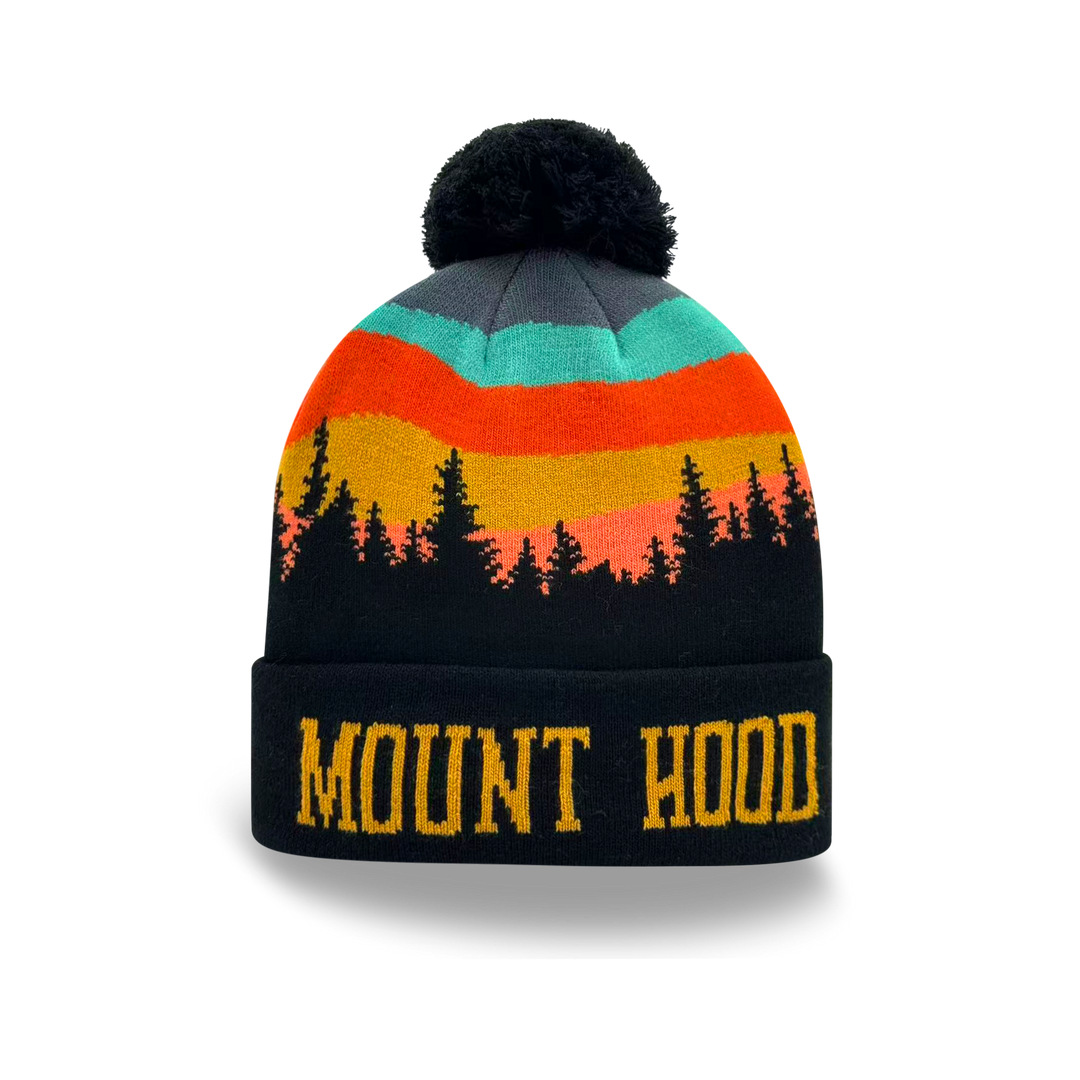Mount Hood Sunset Forest Knit Pom Pom Beanie – Oregon Mountain Winter Hat