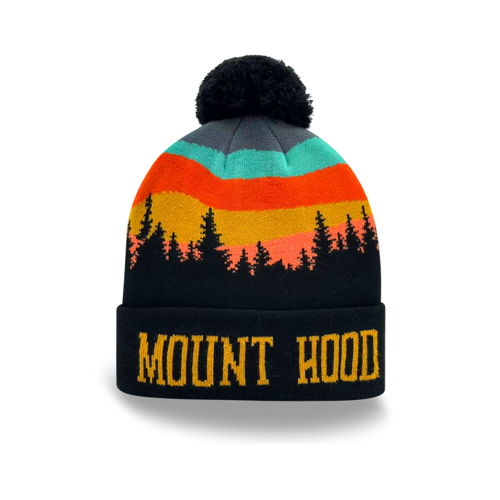 Mount Hood Sunset Forest Knit Pom Pom Beanie – Oregon Mountain Winter Hat