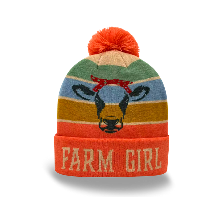 Farm Girl Cow Knit Pom Pom Beanie – Country Style Winter Hat