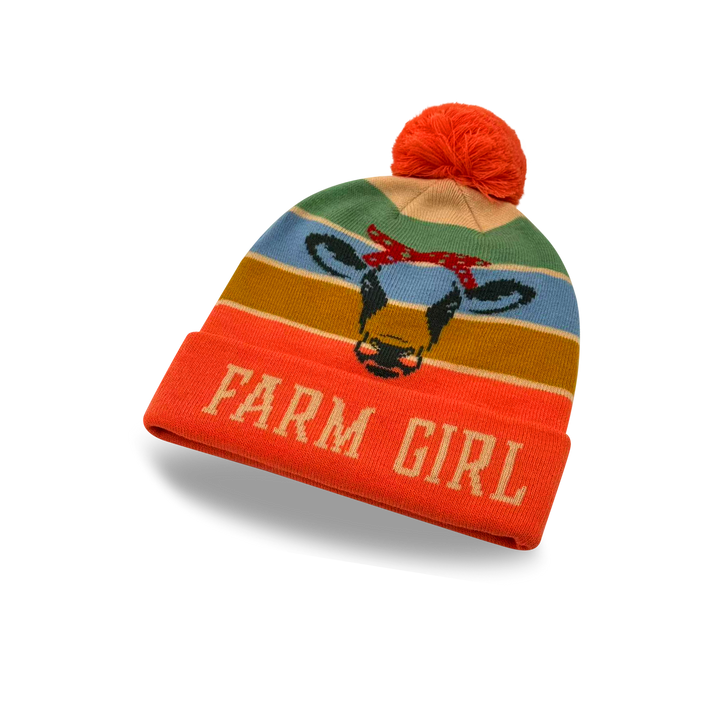 Farm Girl Cow Knit Pom Pom Beanie – Country Style Winter Hat