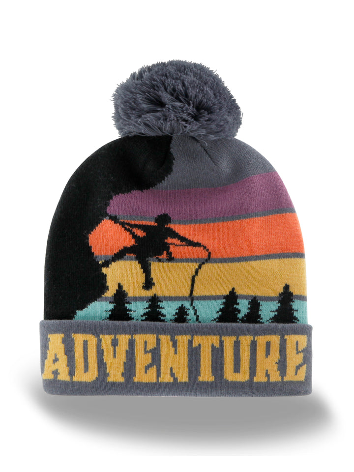 Adventure Beanie with Skiing Sunset Mountain Design, Warm Knit Hat for Outdoor Hiking