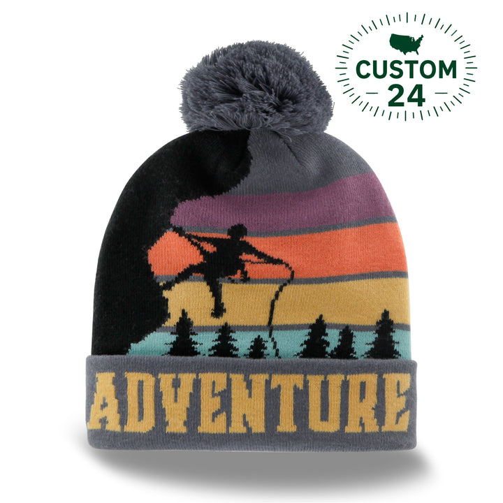 Adventure Beanie with Skiing Sunset Mountain Design, Warm Knit Hat for Outdoor Hiking