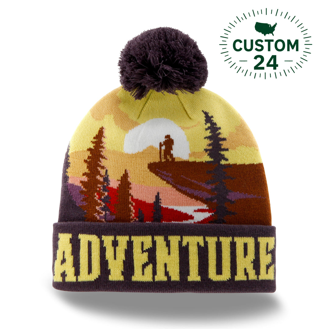 Adventure Beanie Hat with Sunset Hiking Mountain Forest Knit Pom Winter Cap