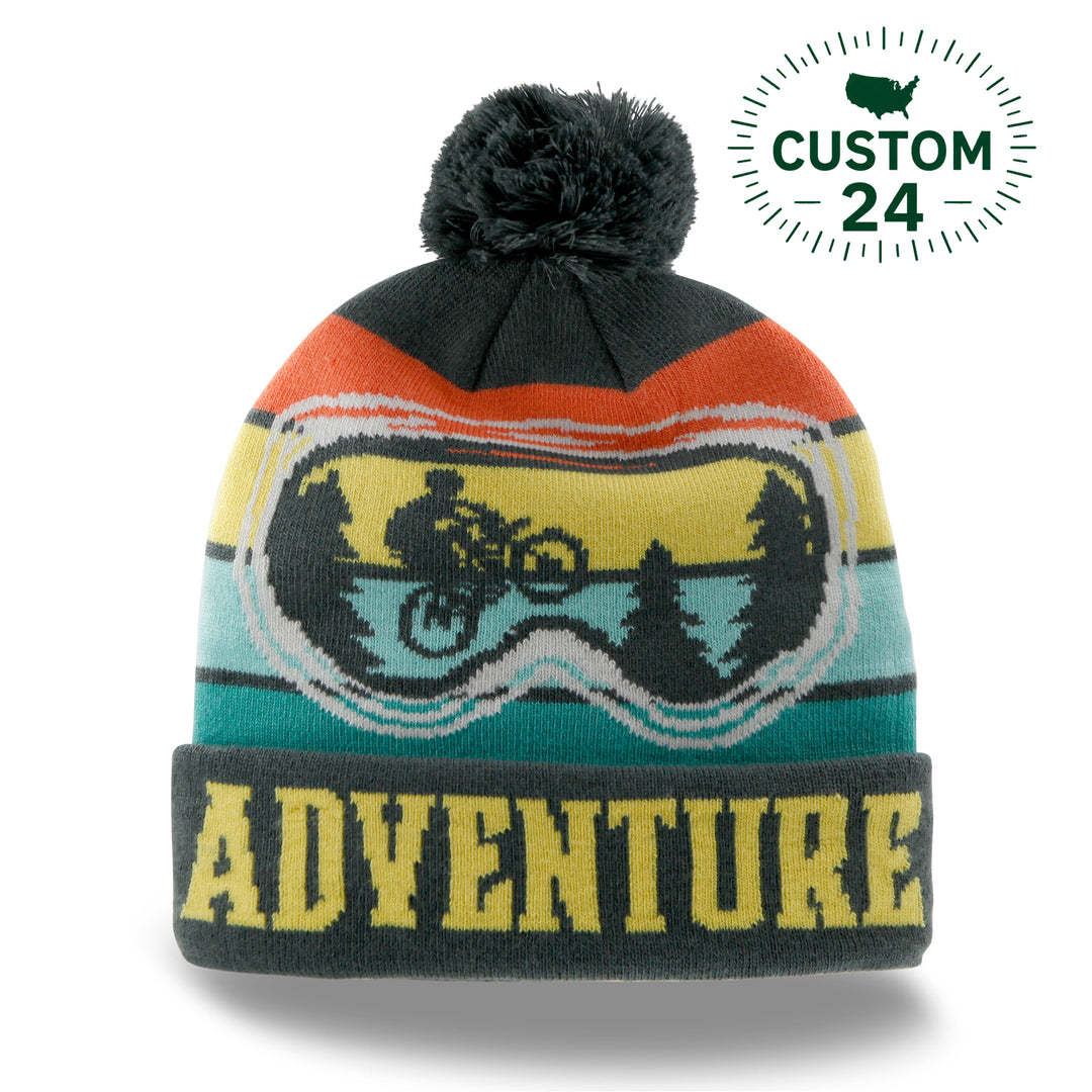 Adventure Beanie Hat Outdoor Cycling Knit Cap with Goggles Forest Stripe Pom Pom