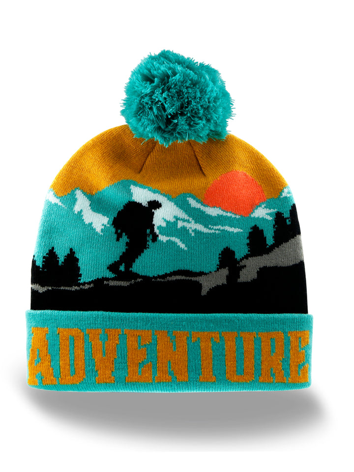 Adventure Beanie with Mountain Hiking Sunset Design, Warm Knit Hat for Outdoor Camping