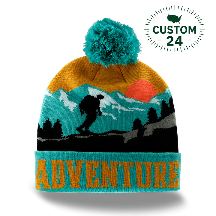Adventure Beanie with Mountain Hiking Sunset Design, Warm Knit Hat for Outdoor Camping