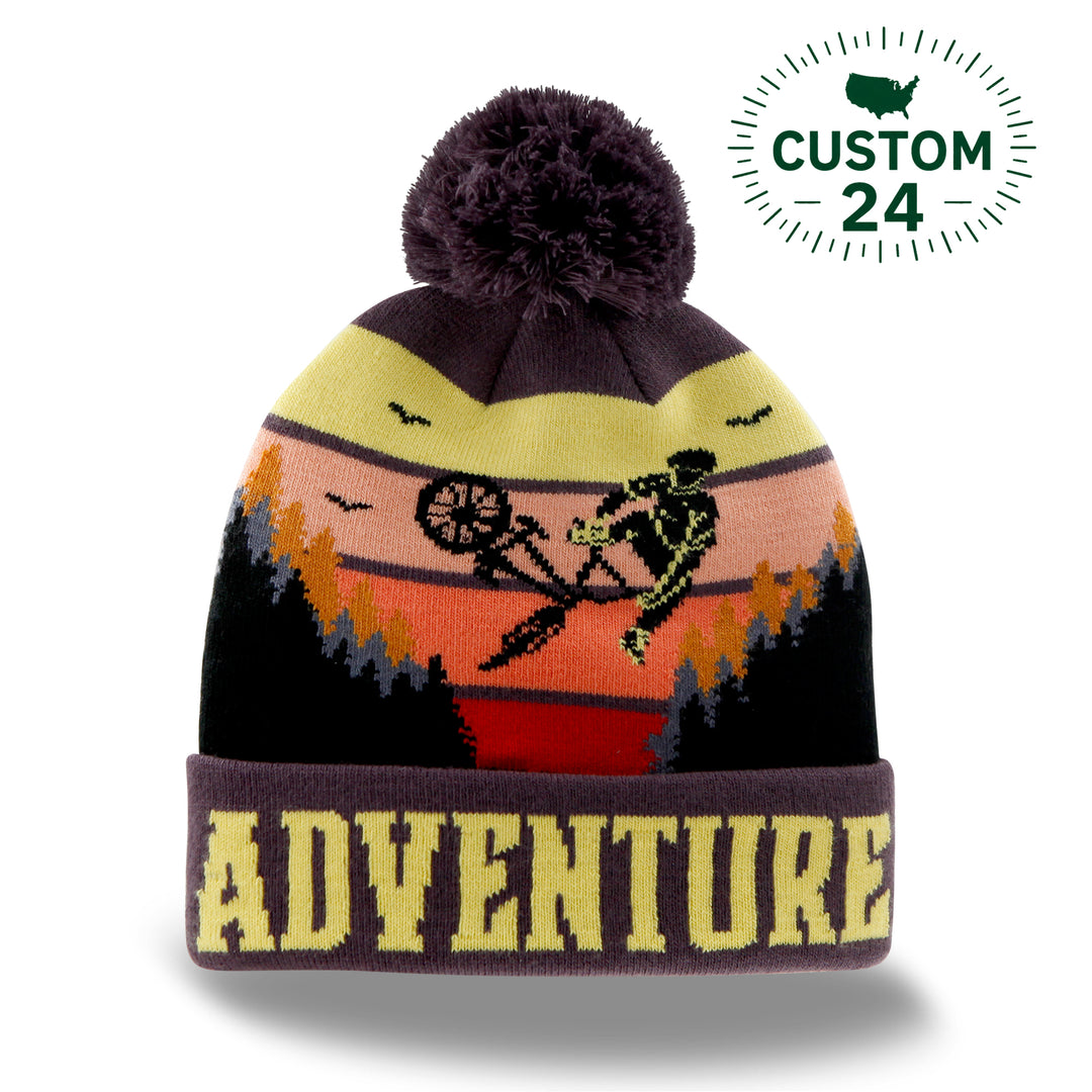 Adventure Beanie Hat Outdoor Cycling Knit Cap with Sunset Forest Pom Pom Winter Design