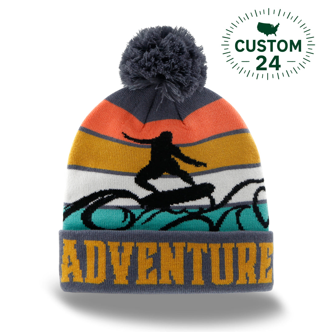 Adventure Surfing Knit Beanie Hat with Pom Pom Winter Outdoor Wave Rider Cap