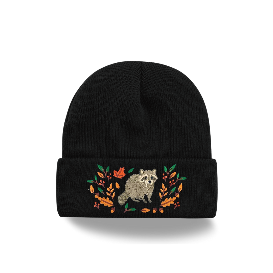 Raccoon Forest Embroidered Beanie – Cozy Knit Winter Hat with Autumn Leaves Design
