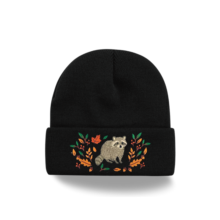 Raccoon Forest Embroidered Beanie – Cozy Knit Winter Hat with Autumn Leaves Design