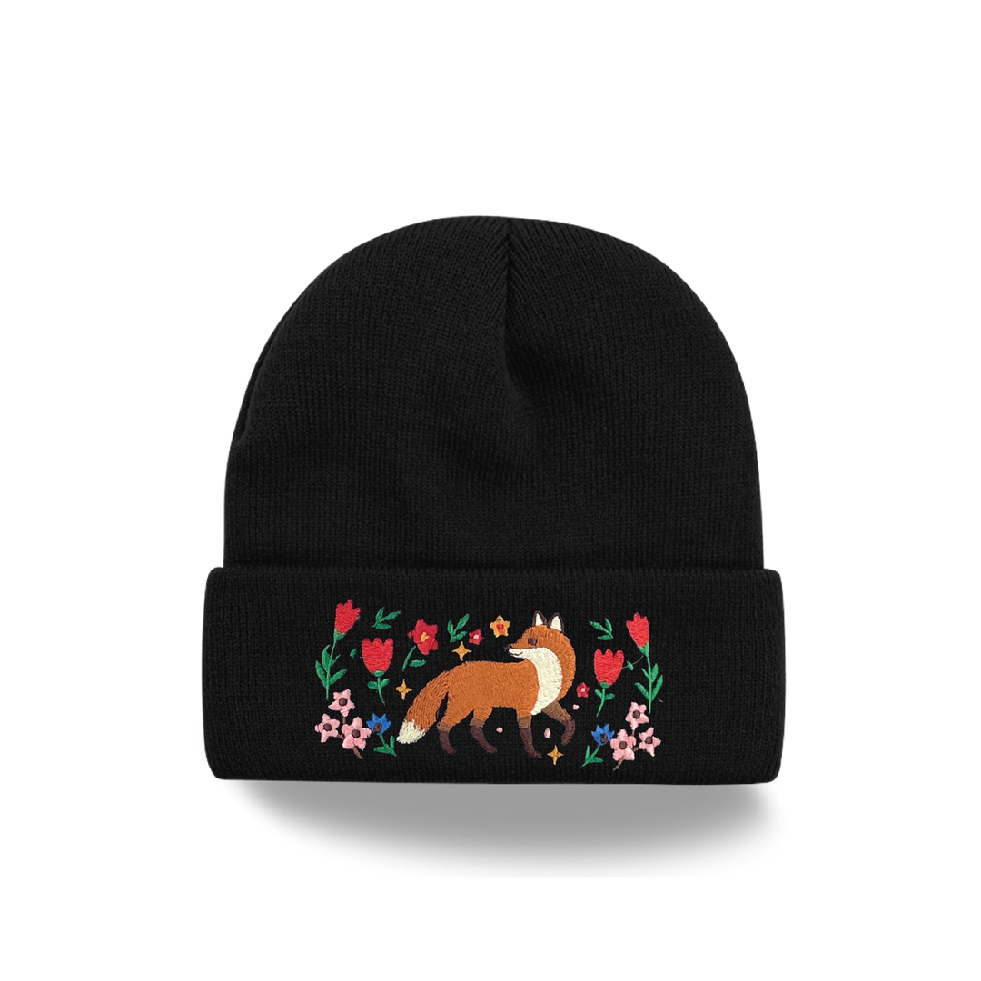 Fox Garden Embroidered Beanie – Cozy Knit Winter Hat with Woodland Floral Design