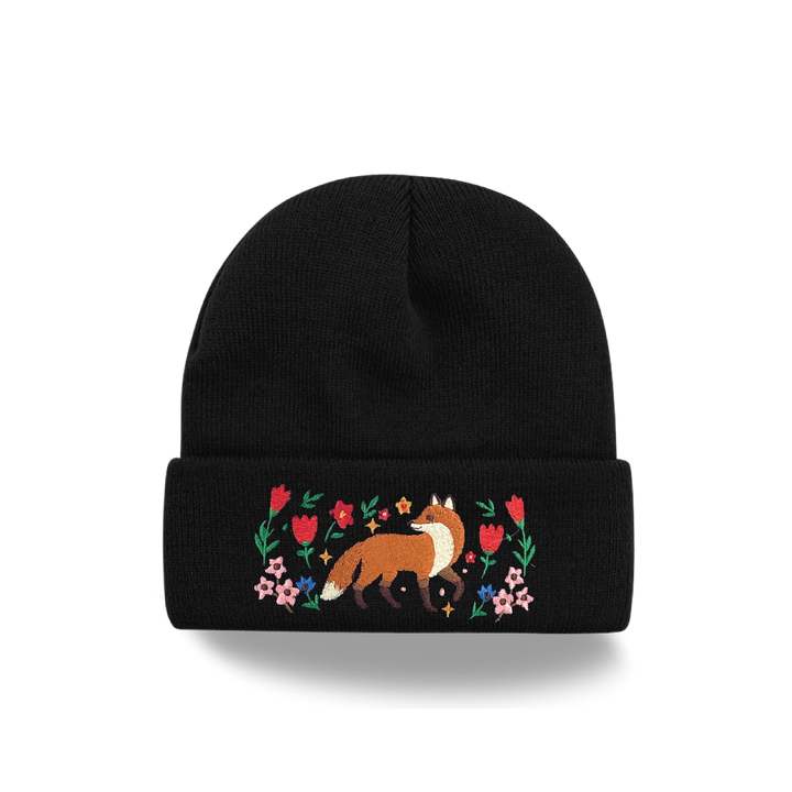 Fox Garden Embroidered Beanie – Cozy Knit Winter Hat with Woodland Floral Design