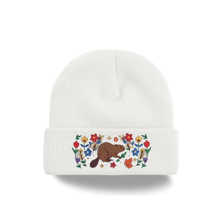 Beaver Floral Embroidered Beanie – Cozy Knit Winter Hat with Canadian Nature Design
