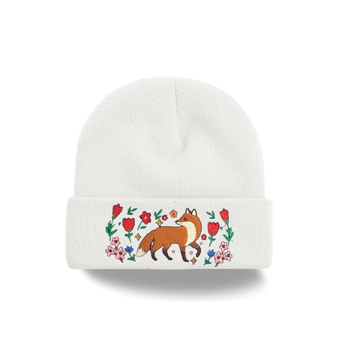 Fox Garden Embroidered Beanie – Cozy Knit Winter Hat with Woodland Floral Design