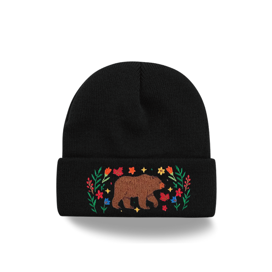 Bear Forest Embroidered Beanie – Cozy Knit Winter Hat with Wildflower Nature Design