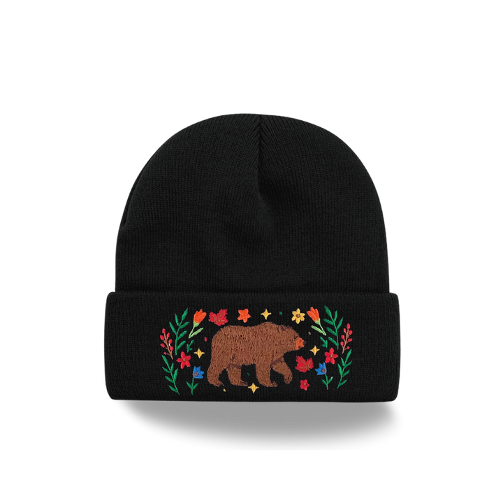 Bear Forest Embroidered Beanie – Cozy Knit Winter Hat with Wildflower Nature Design