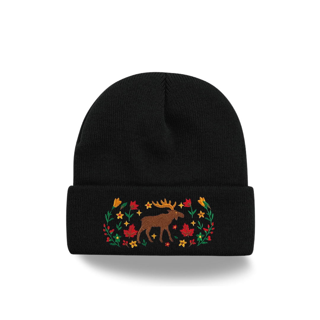 Moose Floral Embroidered Beanie – Cozy Knit Winter Hat with Canadian Wilderness Design