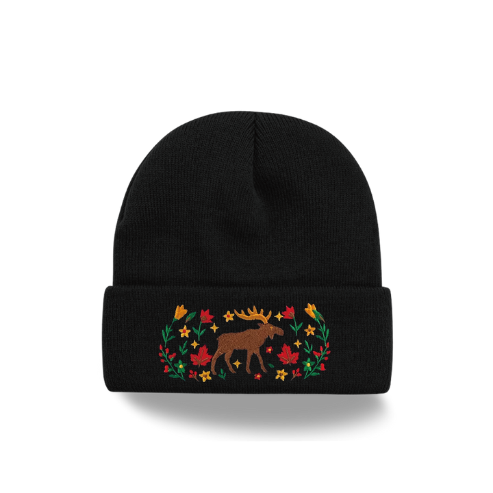 Moose Floral Embroidered Beanie – Cozy Knit Winter Hat with Canadian Wilderness Design