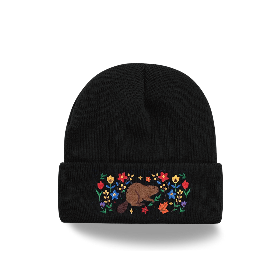 Beaver Floral Embroidered Beanie – Cozy Knit Winter Hat with Canadian Nature Design