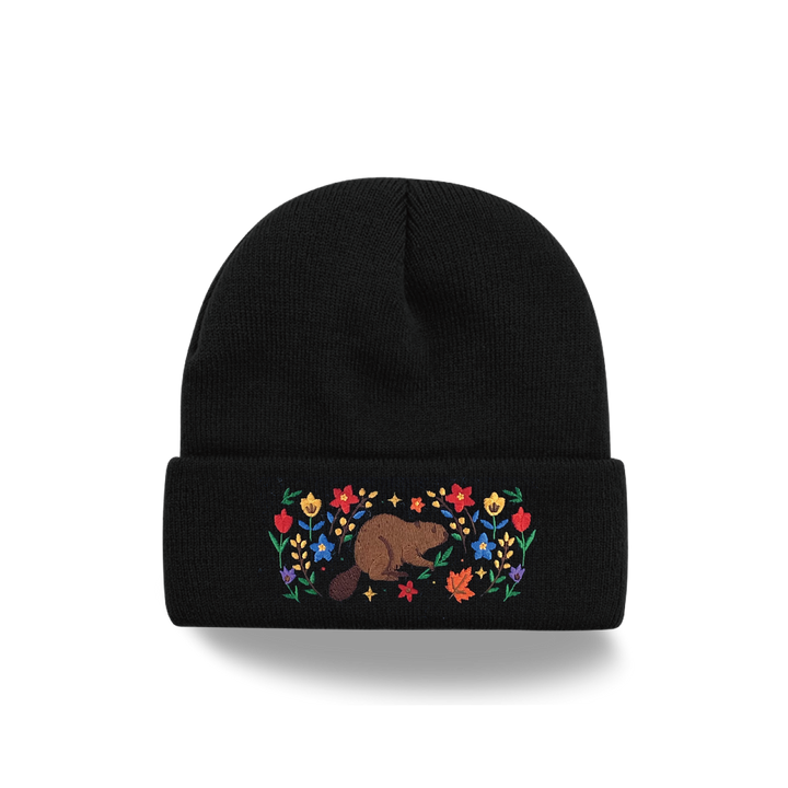Beaver Floral Embroidered Beanie – Cozy Knit Winter Hat with Canadian Nature Design