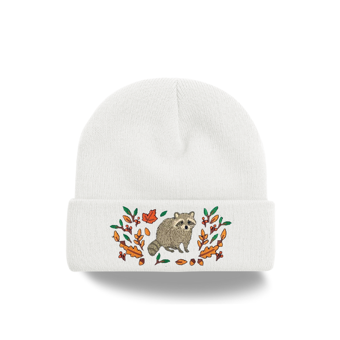 Raccoon Forest Embroidered Beanie – Cozy Knit Winter Hat with Autumn Leaves Design