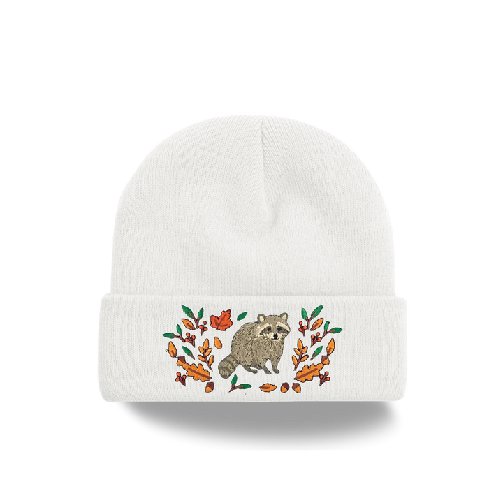 Raccoon Forest Embroidered Beanie – Cozy Knit Winter Hat with Autumn Leaves Design