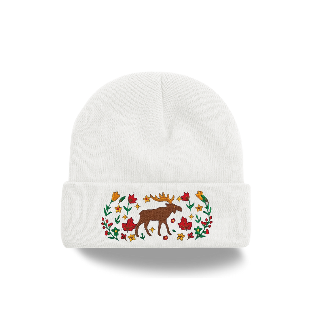 Moose Floral Embroidered Beanie – Cozy Knit Winter Hat with Canadian Wilderness Design
