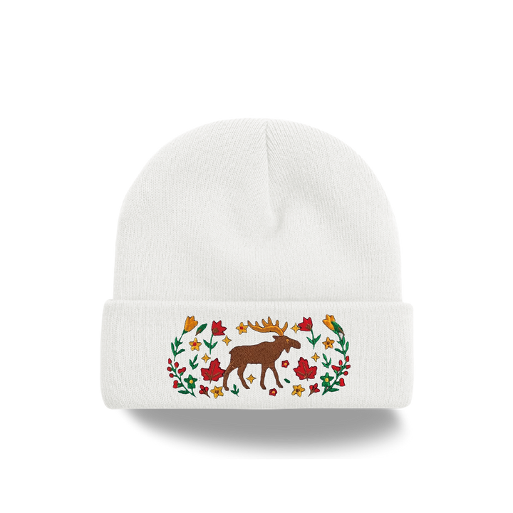 Moose Floral Embroidered Beanie – Cozy Knit Winter Hat with Canadian Wilderness Design