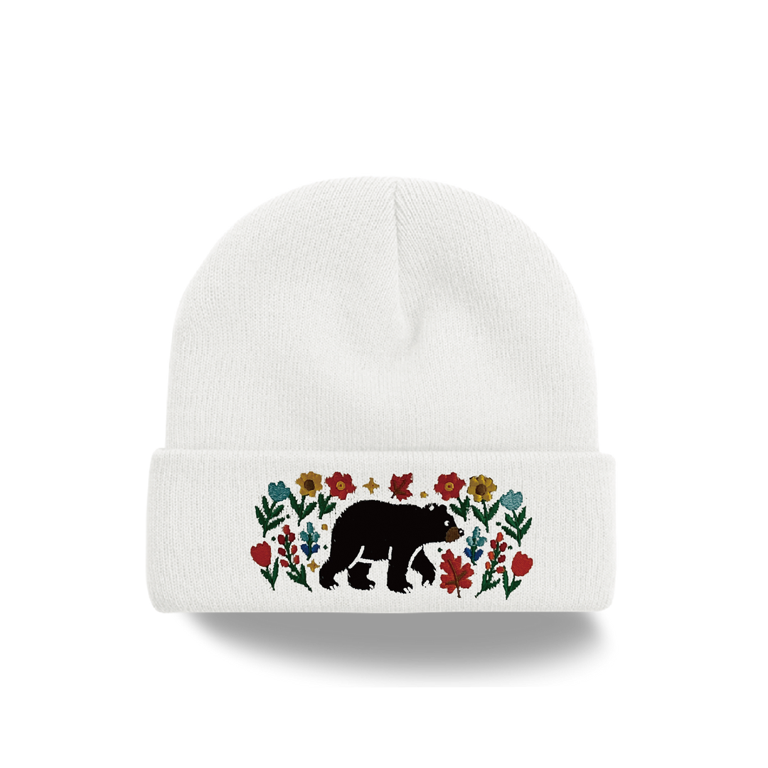 Bear Forest Embroidered Beanie – Cozy Knit Winter Hat with Wildflower Nature Design