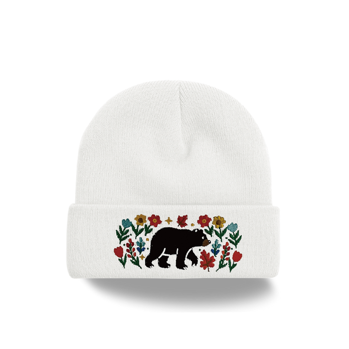 Bear Forest Embroidered Beanie – Cozy Knit Winter Hat with Wildflower Nature Design