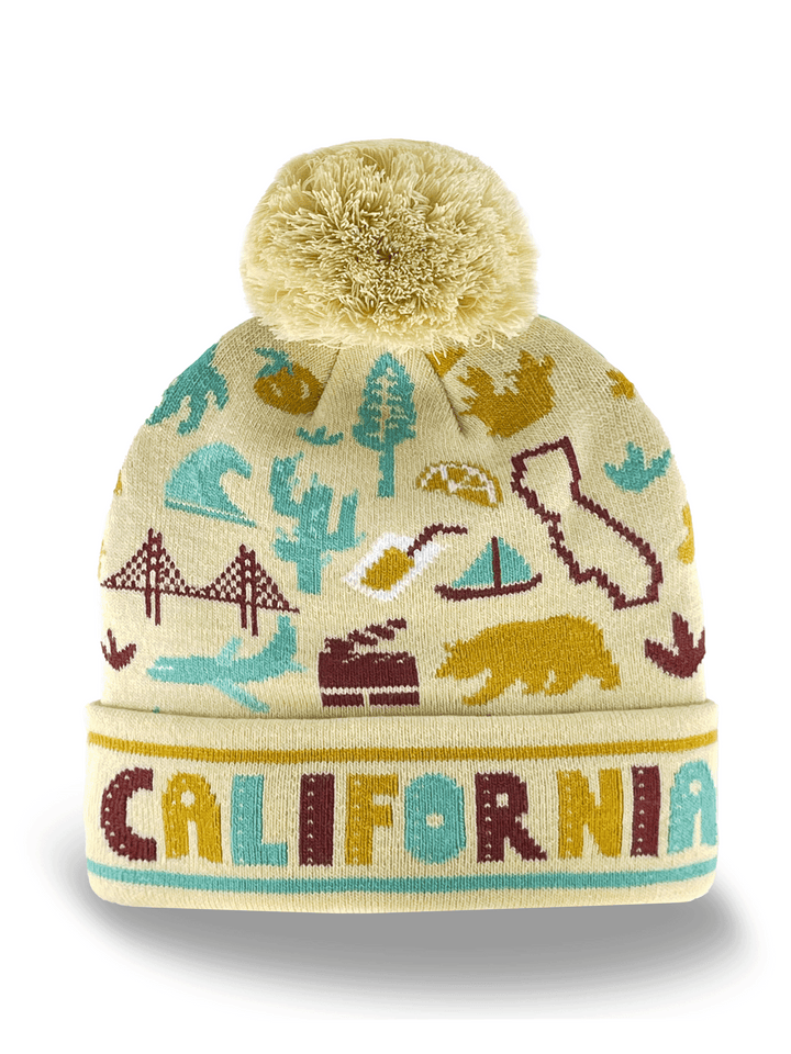 California Knit Beanie Hat with Bear Tree Bridge Ocean Icon Pattern Winter Pom Pom Cap
