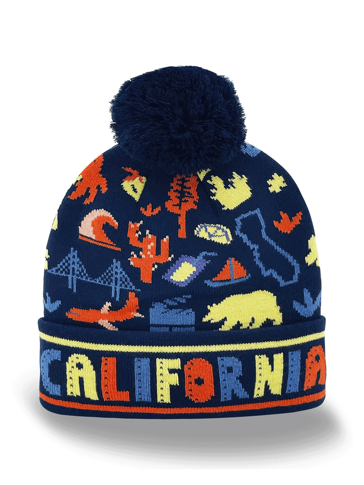California Knit Beanie Hat with Bear Tree Bridge Ocean Icon Pattern Winter Pom Pom Cap
