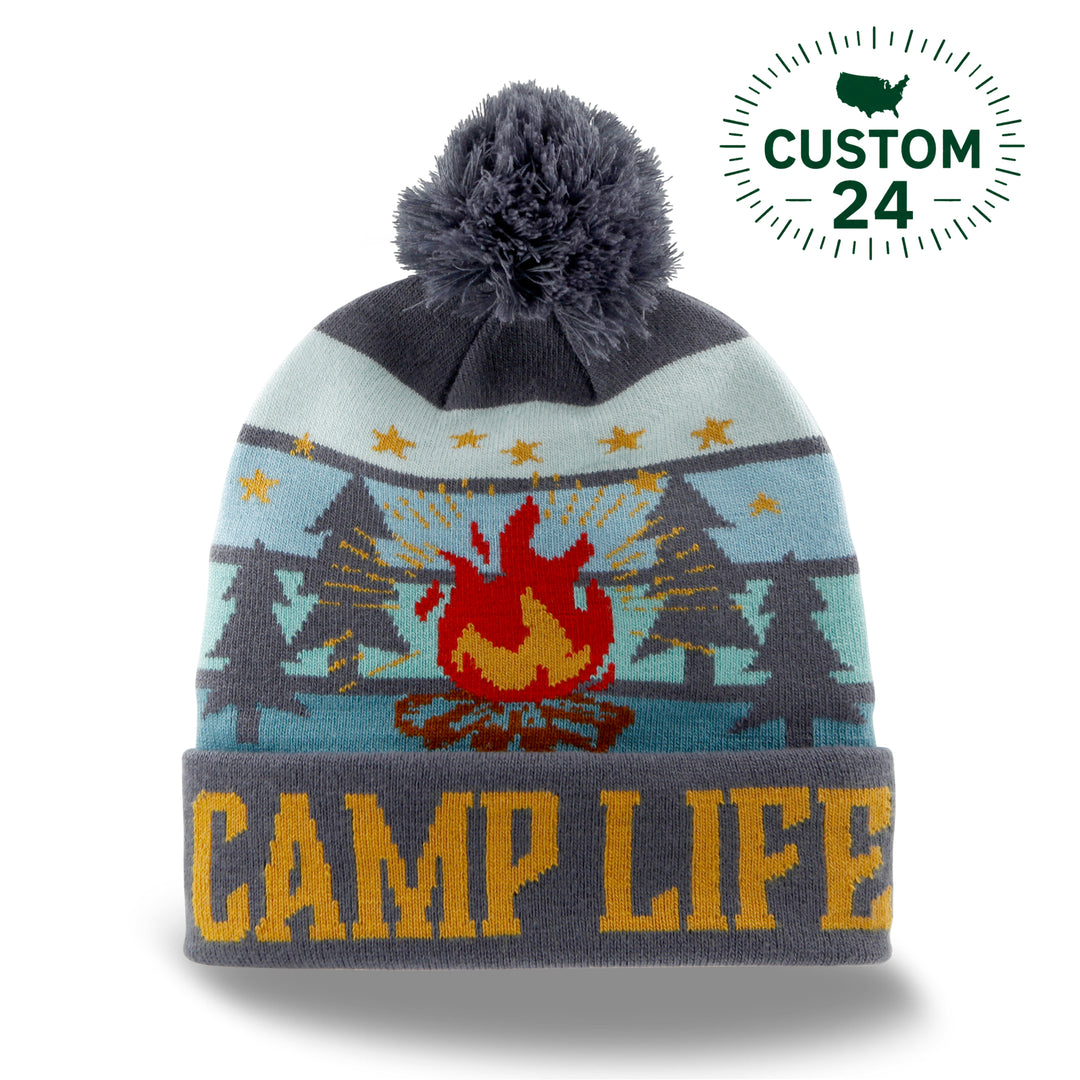 Camp Life Beanie Hat with Pom Pom, Warm Knitted Winter Cap for Camping