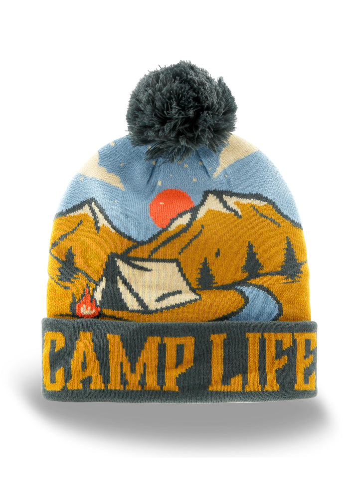 Camp Life Beanie with Mountains, Tent and Campfire Design Pom Pom Winter Hat