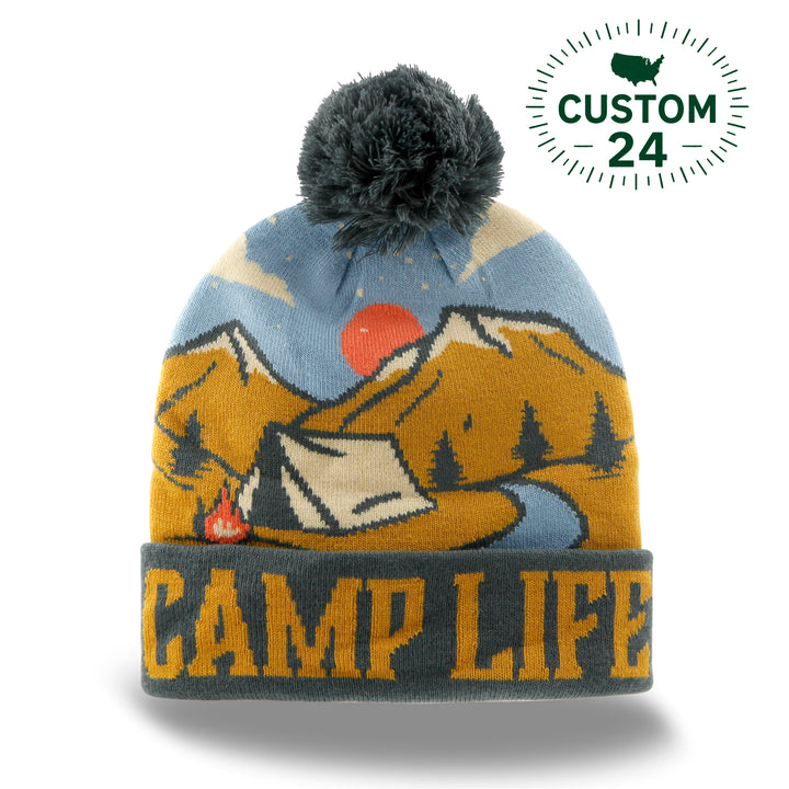 Camp Life Beanie with Mountains, Tent and Campfire Design Pom Pom Winter Hat